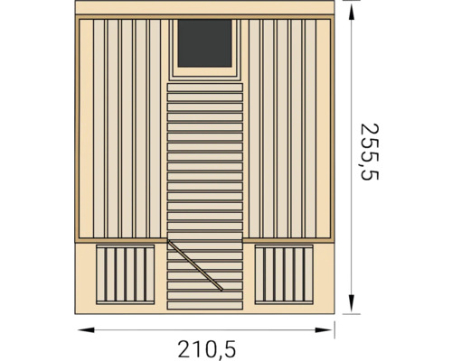 Plan de sauna avec dimensions 210,5 x 255,5 cm
