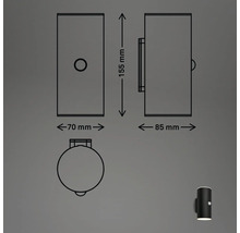 Dessin technique d''un luminaire extérieur avec des dimensions de 155 mm de hauteur, 70 mm de largeur et 85 mm de profondeur.