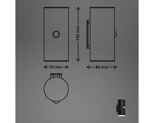 Dessin technique d''un luminaire extérieur avec des dimensions de 155 mm de hauteur, 70 mm de largeur et 85 mm de profondeur.