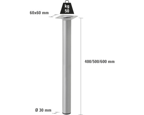 Möbelfuß, Tragkraft 50 kg, Durchmesser 30 mm, Höhe 400/500/600 mm