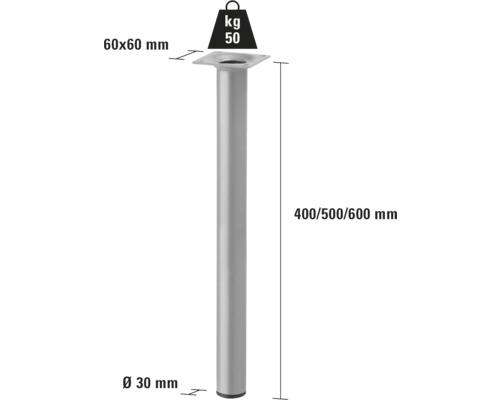 Möbelfuß mit den Maßen 60 x 60 mm, Durchmesser 30 mm, Höhe 400/500/600 mm und einer Traglast von 50 Kilogramm