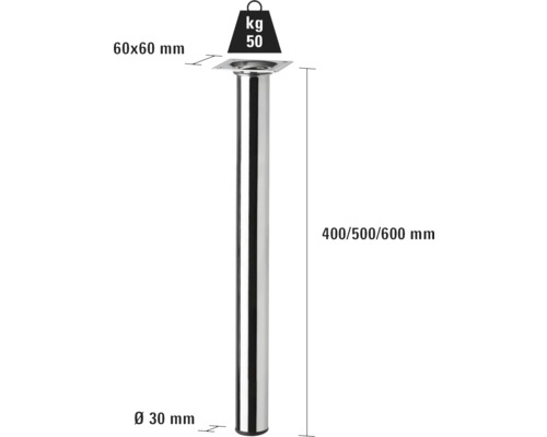 Möbelfuß, Durchmesser 30 mm, Länge 400, 500 oder 600 mm, Belastbarkeit 50 kg