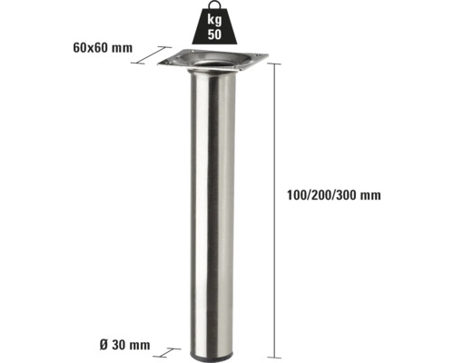 Möbelfuß aus Metall mit den Maßen 60x60 mm, Durchmesser 30 mm und einer Traglast von 50 kg.