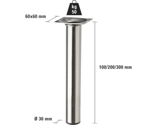 Möbelfuß aus Metall mit den Maßen 60x60 mm, 30 mm Durchmesser und 100/200/300 mm Höhe, Belastbarkeit 50 Kilogramm