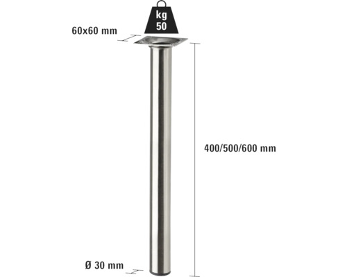 Pied de table en métal, 400, 500 ou 600 millimètres de haut, diamètre 30 millimètres, avec une capacité de charge de 50 kilogrammes
