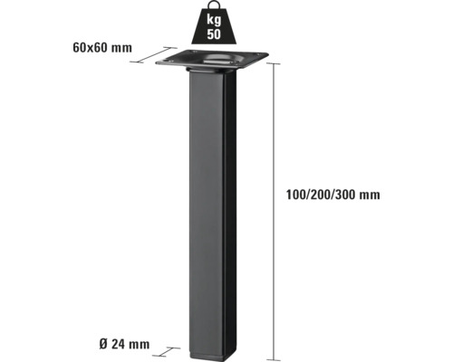 Schwarzes, vierkantiges Tischbein mit den Maßen 60 x 60 Millimeter und einer maximalen Belastbarkeit von 50 Kilogramm.