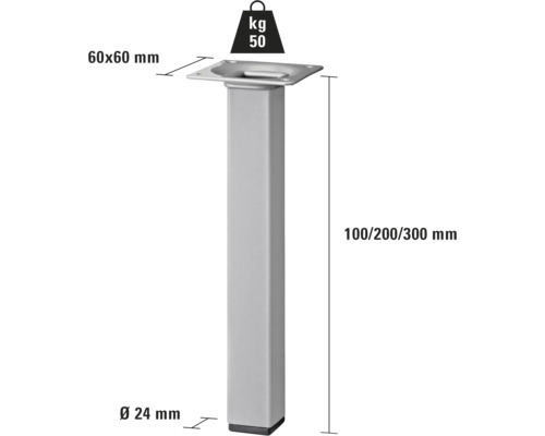 Möbelfuß aus Metall mit den Maßen 60 x 60 Millimeter und einer Traglast von 50 Kilogramm