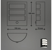 Schéma technique d''un luminaire extérieur avec des dimensions de 180 mm de hauteur, 150 mm de largeur et 70 mm de profondeur.
