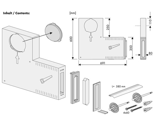 Schéma technique du volume de livraison d''une litière pour chat