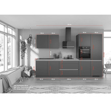IMPULS Küchenzeile mit Geräten ZANOTTI 340 cm grafit matt vormontiert Variante rechts IP315-IKC1340RL-K830-F157-A653-G960