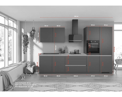 Cuisine avec éléments hauts, évier, hotte et appareils électriques avec dimensions