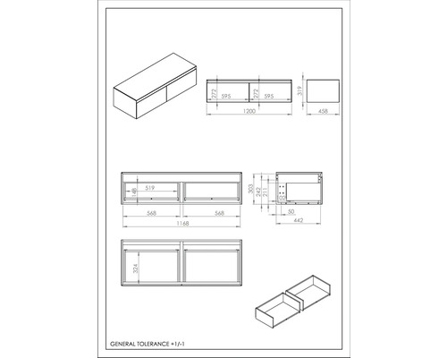Schéma technique d''un meuble bas avec tiroirs et dimensions