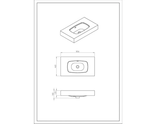 Technische Zeichnung eines Waschtisches mit Maßangaben