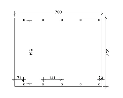 Schéma technique avec les dimensions 708, 514 et 557.