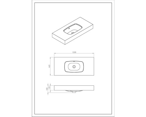 Zeichnung eines Waschtischs mit den Maßen 1008 x 460 x 180 mm.