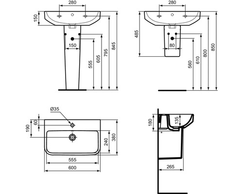 Schéma technique d''un lavabo avec les dimensions