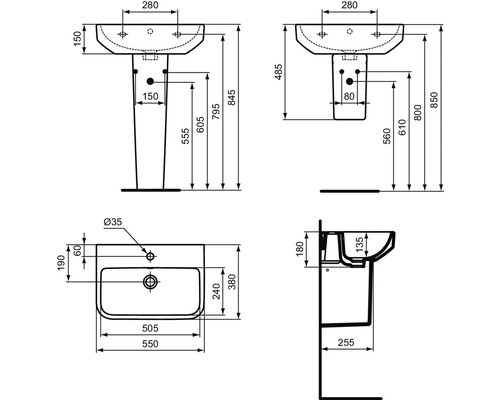 Dessin technique d''un lavabo avec dimensions