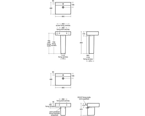 Technische Zeichnung eines Waschtisches mit Maßen.