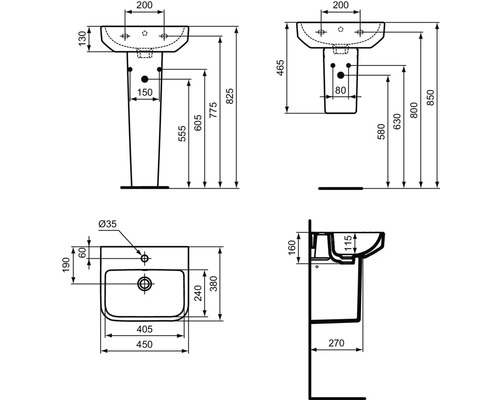 Technische Zeichnung eines Waschtischs mit Maßen.