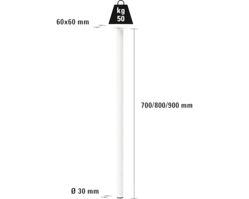 Pied de table en métal, diamètre 30 mm, longueur 700, 800 ou 900 mm, capacité de charge 50 kg