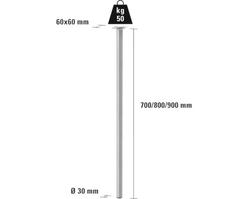 Technische Zeichnung eines Möbelfußes mit den Maßen 60x60 mm, Durchmesser 30 mm und einer Höhe von 700, 800 oder 900 mm mit einer Belastbarkeit von 50 kg.