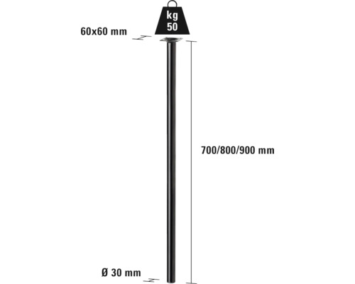 Pied de table avec des dimensions de 60x60 mm, un diamètre de 30 mm et une capacité de charge de 50 kg, longueur 700/800/900 mm.