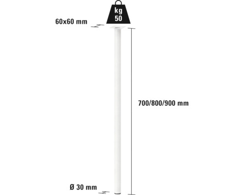 Schéma du produit pied de support avec les dimensions 700, 800 et 900 millimètres et une capacité de charge de 50 kilogrammes