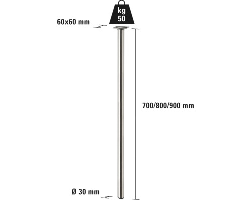 Image d''un pied de table avec des dimensions de 60 x 60 mm, diamètre de 30 mm, hauteur de 700, 800 et 900 mm, capacité de charge de 50 kg.