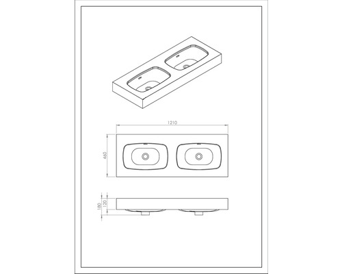 Zeichnung eines Waschtischs mit zwei Waschbecken und Maßangaben.