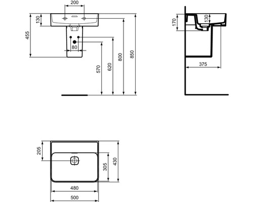 Technische Zeichnung eines Waschtisches mit Maßangaben