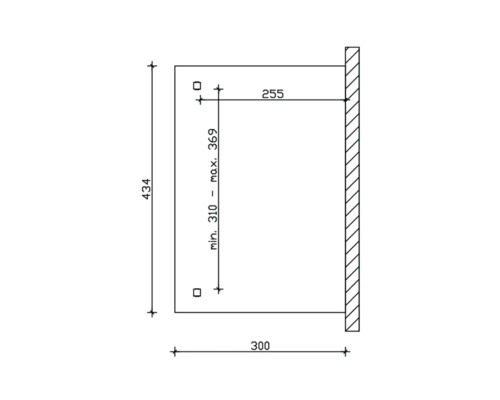 Dessin technique avec dimensions d''un produit : hauteur 434, largeur 300, profondeur 255, espacement vertical des fixations de 310 mm minimum à 369 mm maximum.