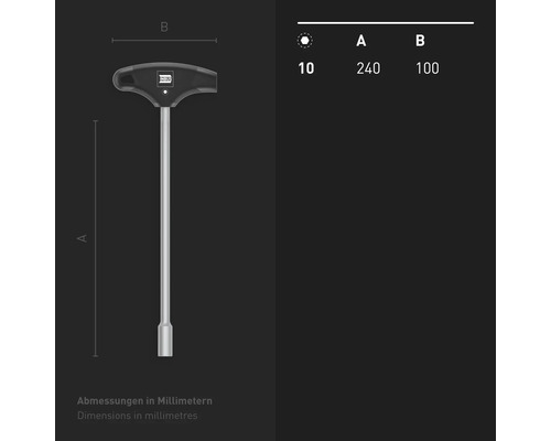 Clé à douille à poignée en T avec des dimensions de 240 sur 100 millimètres
