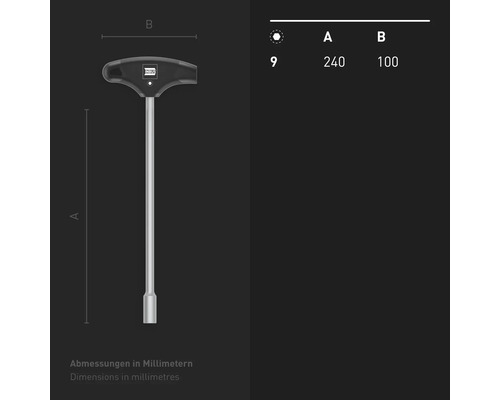 T-Griff Steckschlüssel mit den Maßen 240 mal 100 Millimeter