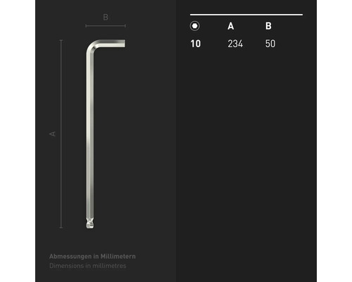 Abbildung eines Innensechskantschlüssels mit Maßangaben