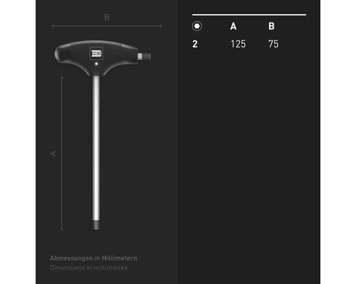Innensechskantschlüssel mit T-Griff und Größenangabe