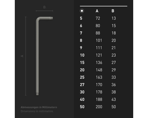 Abmessungen eines Torx Winkelschlüssels in Millimetern