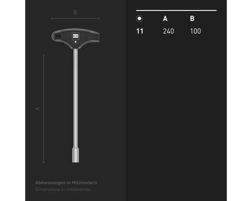 Clé à douille à poignée en T avec des dimensions de 240 sur 100 millimètres