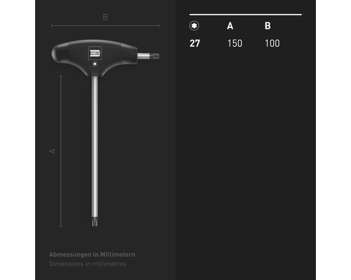 INBUS T-Griff-Schlüssel mit Torx Profil und Maßangaben