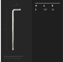 Innensechskantschlüssel, Grösse 3, mit den Massen 129 mm und 23 mm
