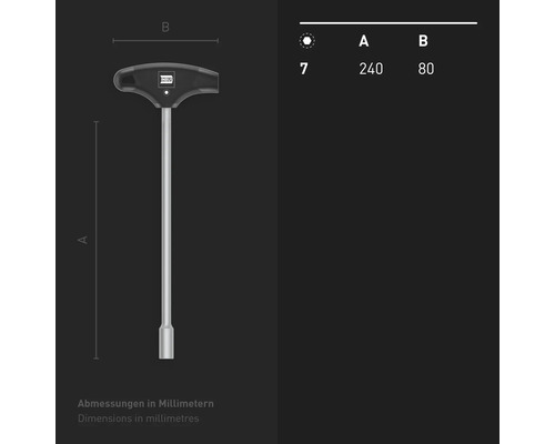 T-Griff Steckschlüssel mit den Massangaben 240 mm und 80 mm