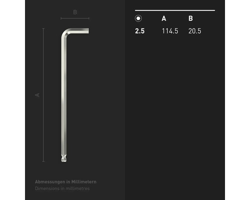 2.5 Millimeter Innensechskantschlüssel mit den Maßen A 114.5 Millimeter und B 20.5 Millimeter