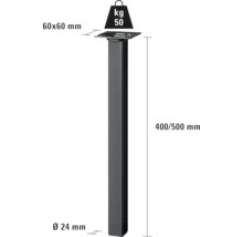 Pied de table mesurant 60 x 60 millimètres et supportant une charge de 50 kilogrammes.