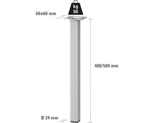 Möbelfuß aus Metall, 400 oder 500 Millimeter hoch, mit einer Belastbarkeit von 50 Kilogramm