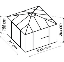 Abbildung eines Gewächshauses mit den Maßen 317 cm Breite, 322 cm Länge und 265 cm Höhe