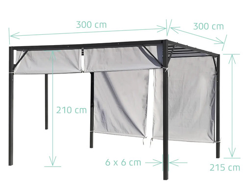 Pavillon mit den Maßen 300 x 300 x 210 cm und zusätzlichen Detailmaßen