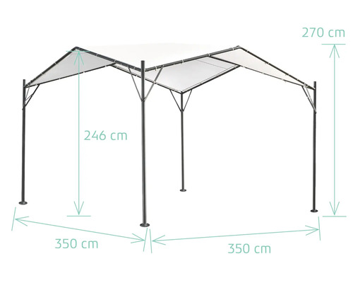 Pavillon avec dimensions : hauteur 270 cm, longueur 350 cm et hauteur de passage de 246 cm