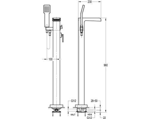 Technische Zeichnung einer Badewannenarmatur mit Handbrause und Maßangaben.