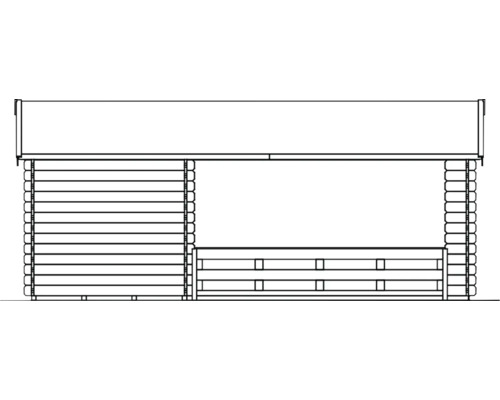 Zeichnung eines Gartenhauses mit Holzwänden und Dach