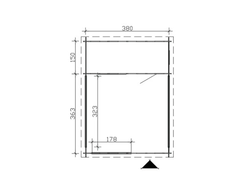 Grundrisszeichnung eines Gartenhauses mit Maßangaben