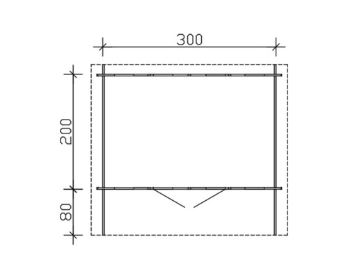 Technische Zeichnung eines Gartenhauses mit Maßangaben.